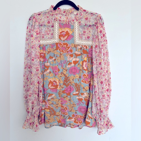 JODIFL Flower Frenzy Bubble Sleeve Top Multicolor Floral Bohemian Blouse Size M - Picture 4 of 8
